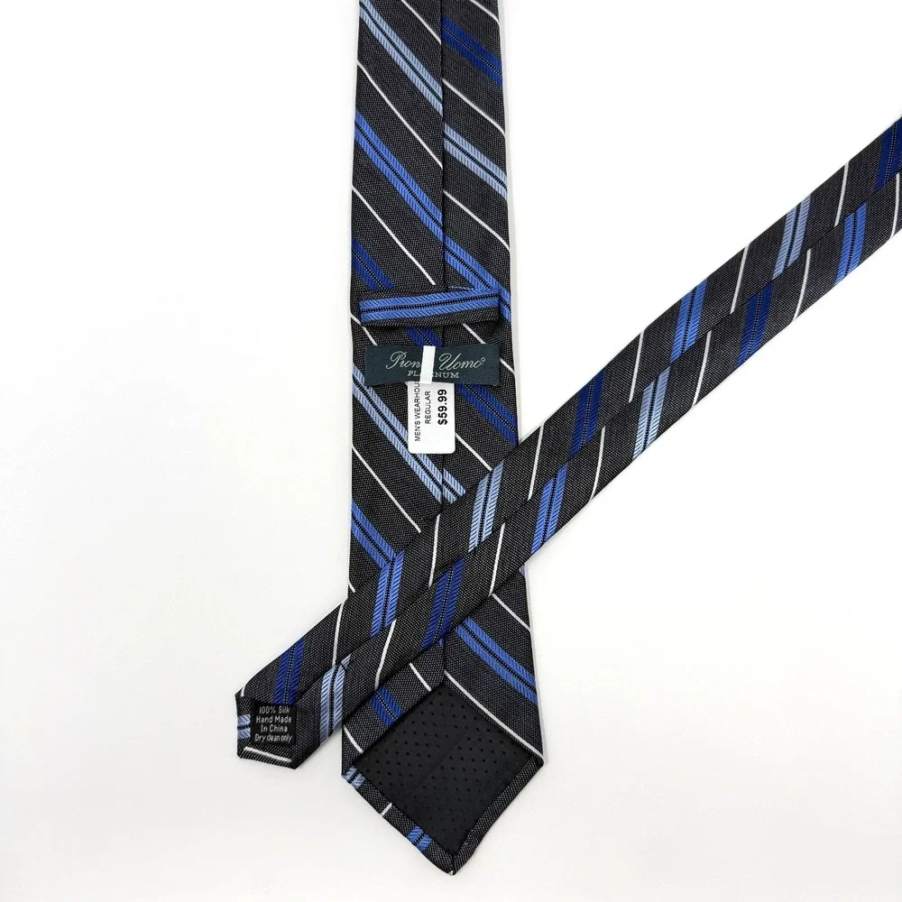 PRONTO UOMO‎ PLATNIUM Tie Striped 100% Silk Handmade Black Blue NWT